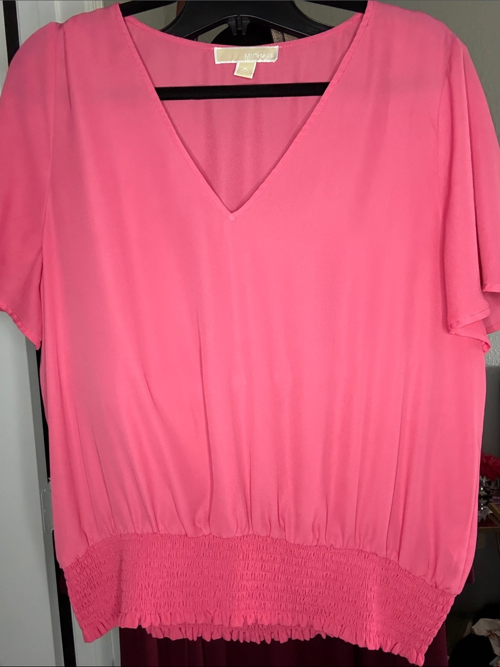 Michael Kors Hot Pink V-Neck Short Sleeve Blouse with Smocked Hem